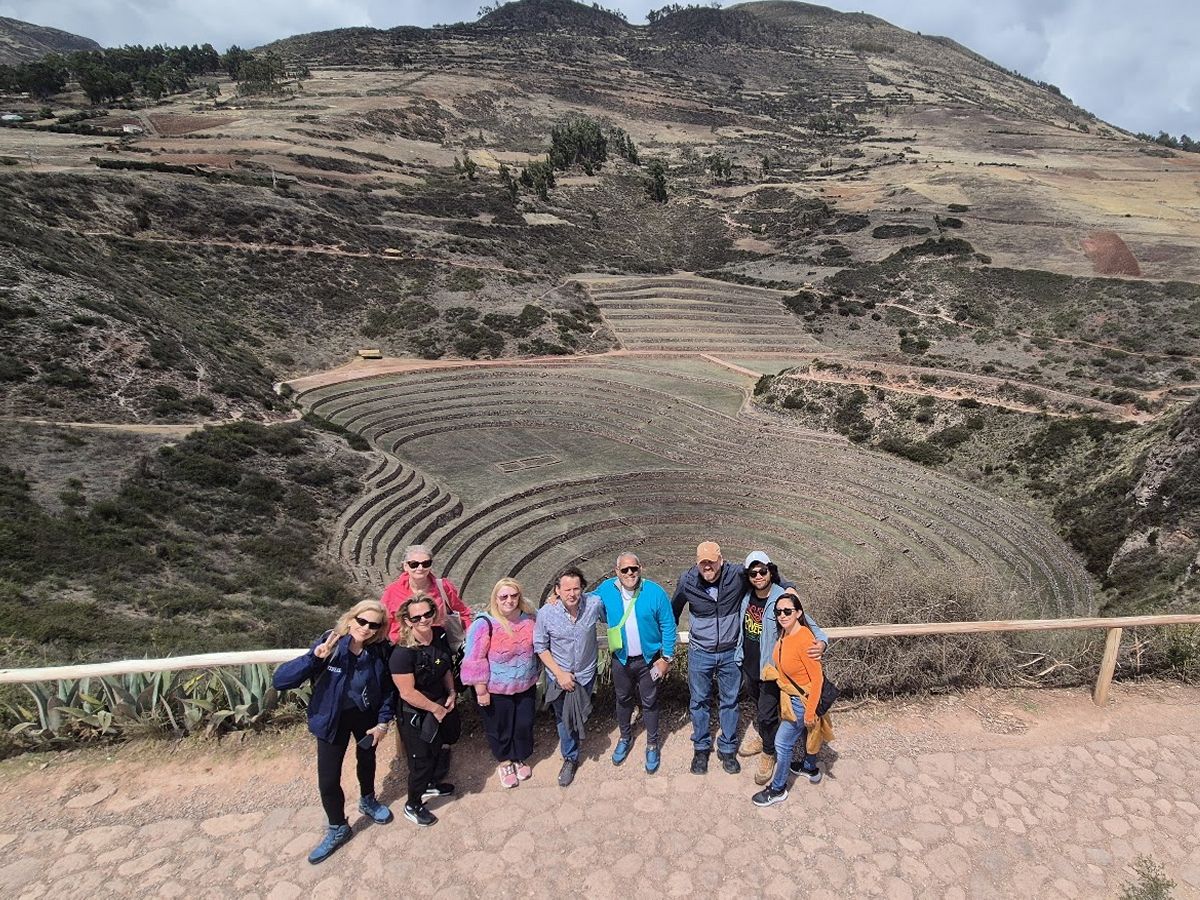 Anders Languages group overlooking the circular Inca terraces at Moray near Cusco