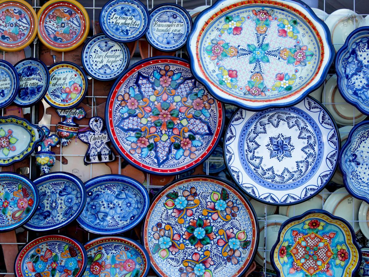 Colorful Talavera tiles on a historic building in Puebla, Mexico